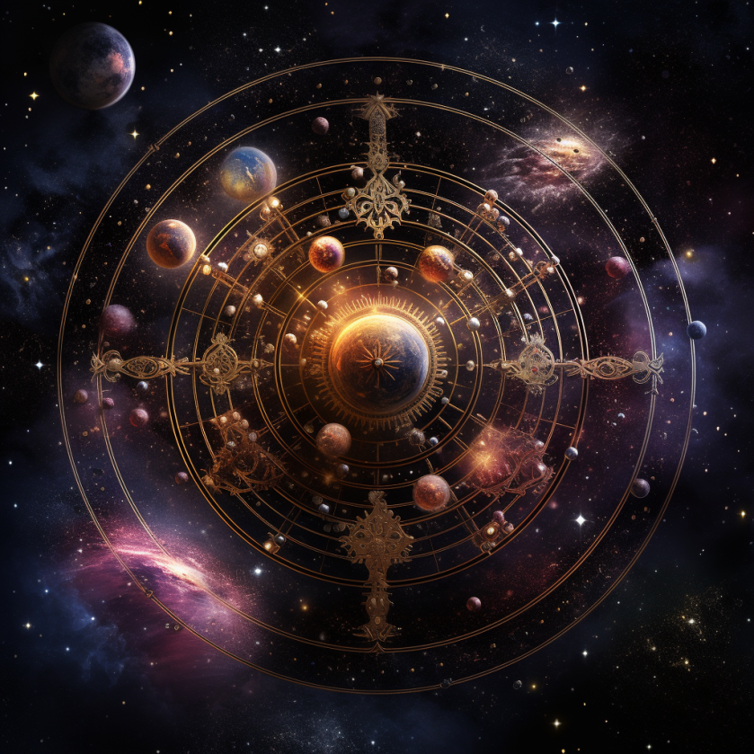 Cosmos avec horloge astrologique géocentrique